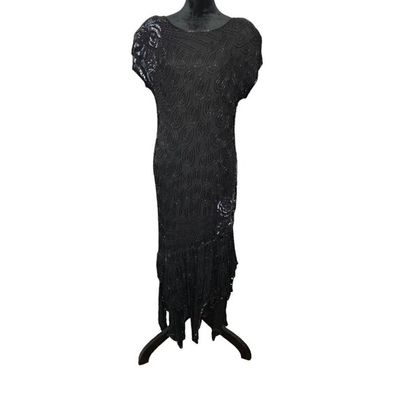 O.R Silk Vintage Beaded Sequin Cocktail Maxi Black Dress